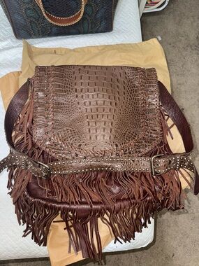 Brown Croc-Embossed Fringe Shoulder Bag